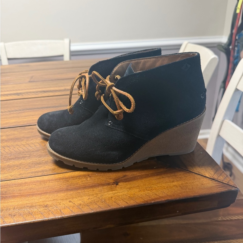 Sperry Wedge Ankle Booties in Black with Tan Laces